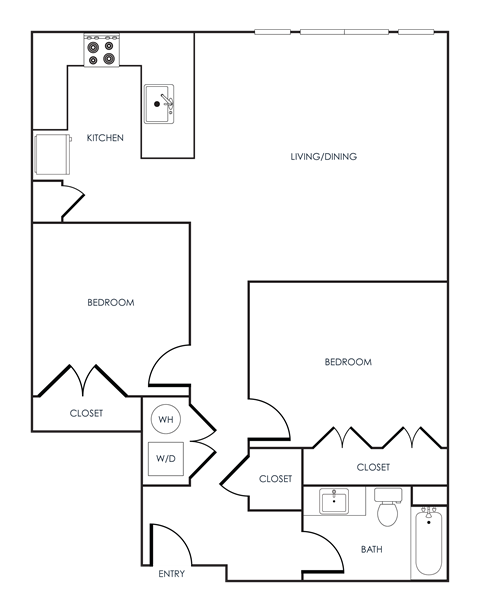 Floor plan for 2 beds, 1 bath, 983 sqft